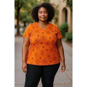 Jollidays Halloween Orange Black Spider Webs Tee Shirt Plus Size XXL